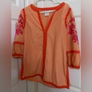 Gretchen Scott Designs Sz M top Tunic orange Pink Check